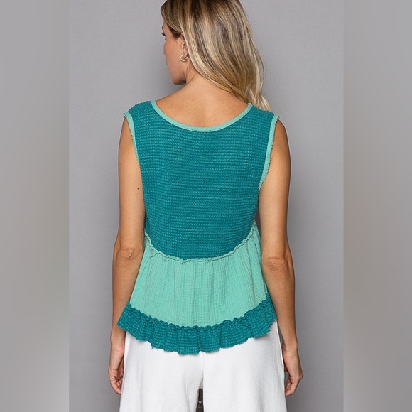 138B. Sleeveless Contrast Thermal Babydoll Top - Mint Green - Picture 3 of 6